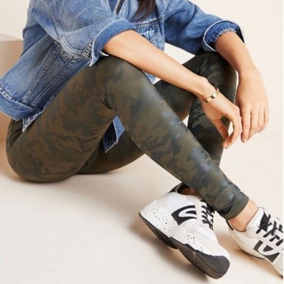 SPANX Faux Leather Camo Leggings in Matte Green Camo - Picture 1 of 12